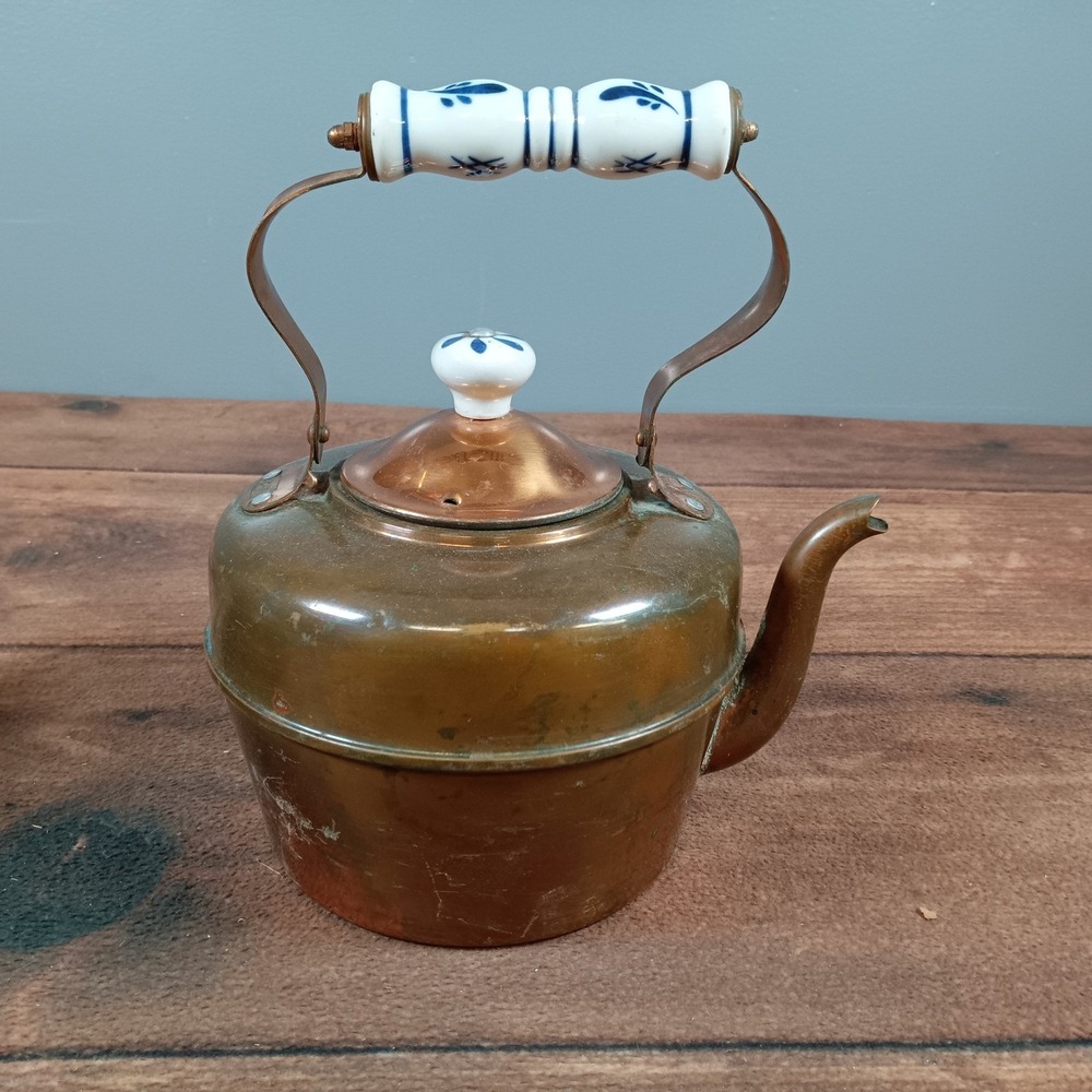 Vintage Copper Kettle Set Blue White Ceramic Handle Kitchen Decor - Picture 3 of 5
